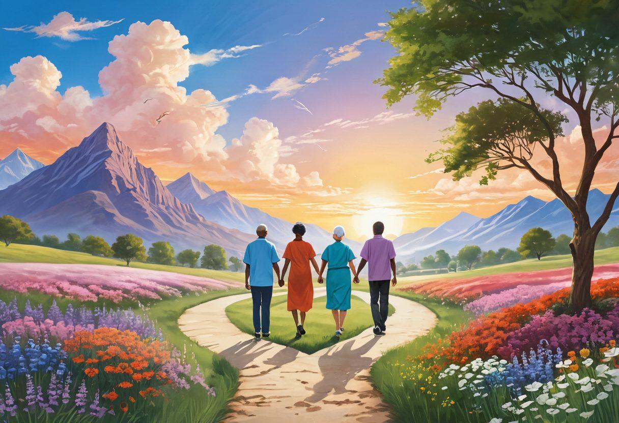 A serene landscape featuring a pathway symbolizing a journey through cancer treatment, with diverse individuals holding hands, engaging in conversations, and sharing hope. Illustrate medical symbols like ribbons and stethoscopes blending with nature, emphasizing patient advocacy and support. The sky should burst with soft, warm colors representing hope and positivity. Include a mix of healthcare professionals and patients, showcasing unity and strength. illustration, vibrant colors, soft focus.
