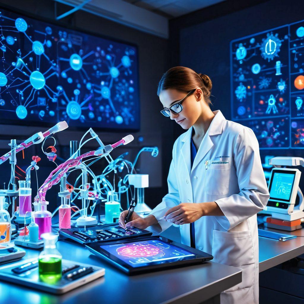 A dynamic illustration of a cancer researcher in a high-tech laboratory, surrounded by advanced medical equipment and colorful molecular structures. Visualize a pathway leading from detailed research notes to diverse patient treatment options illustrated in vibrant icons, symbolizing hope and innovation. The background features a calming blue glow, representing healing and progress. super-realistic. vibrant colors.