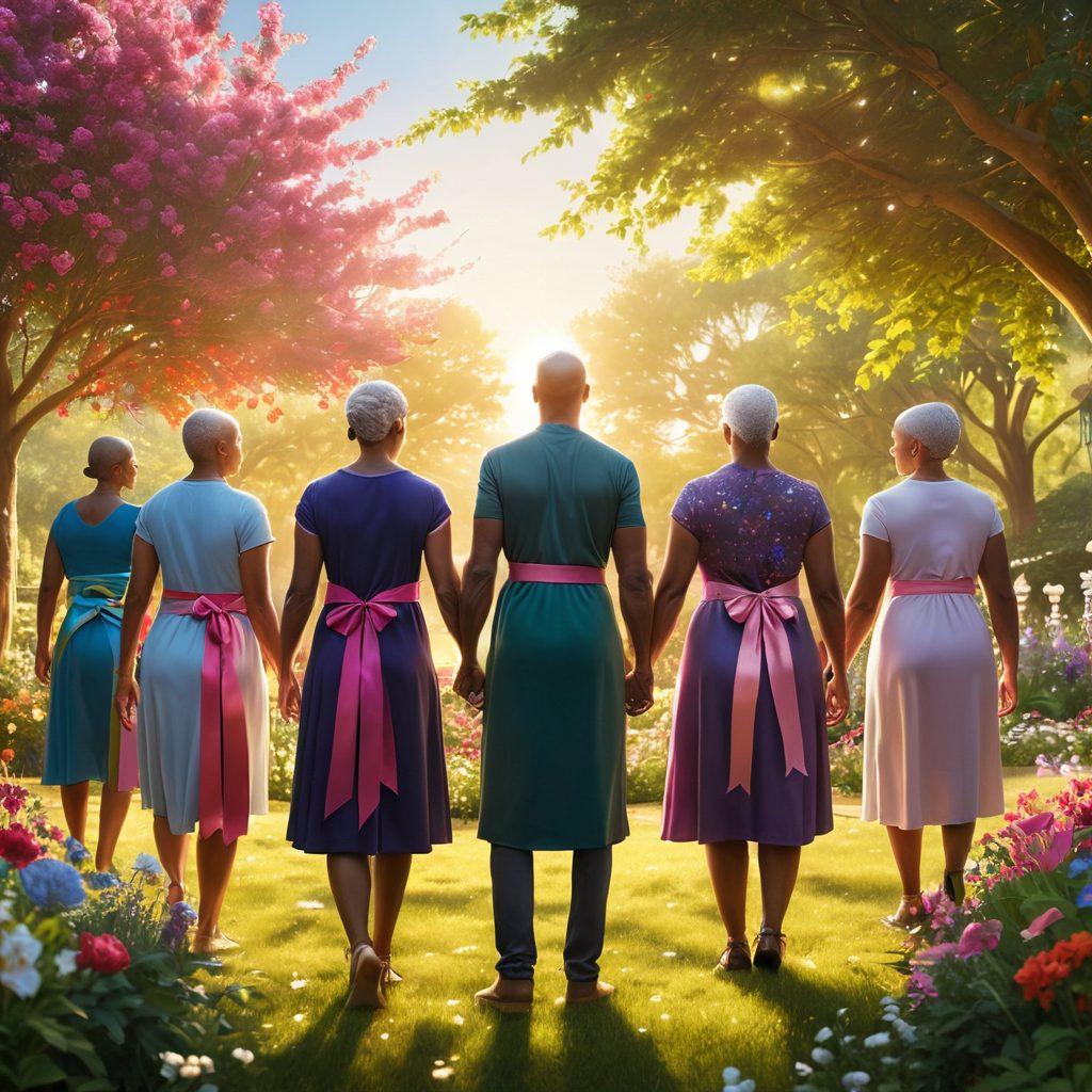 A powerful and uplifting scene depicting a diverse group of cancer warriors, each showcasing their strength and resilience, standing together with supportive friends and family in a blooming garden. Sunlight filters through the leaves, symbolizing hope and healing, while colorful ribbons are subtly woven into the surroundings. In the background, a city skyline hints at a broader community support. super-realistic. vibrant colors. uplifting atmosphere.